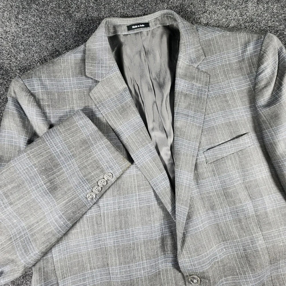 Joseph & Feiss Sport Coat Mens 46L Grey Windowpane‎ Wool Silk Linen Blazer
